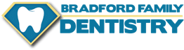 Logo for Bradford Family Dentistry featuring a white tooth inside a blue and yellow shield, with the clinic name in bold blue and yellow text to the right.